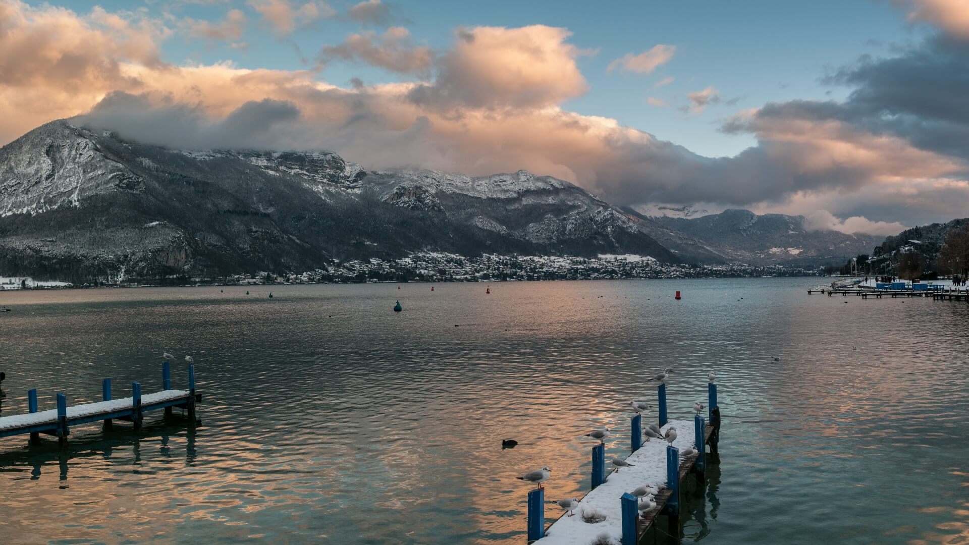 Panoramic winter view of Lake Annecy in Southern France.