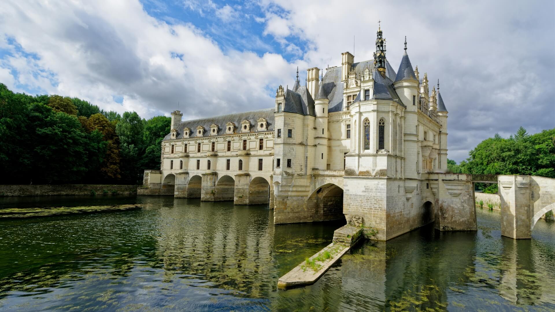 A French château above a river in the Loire Valley.