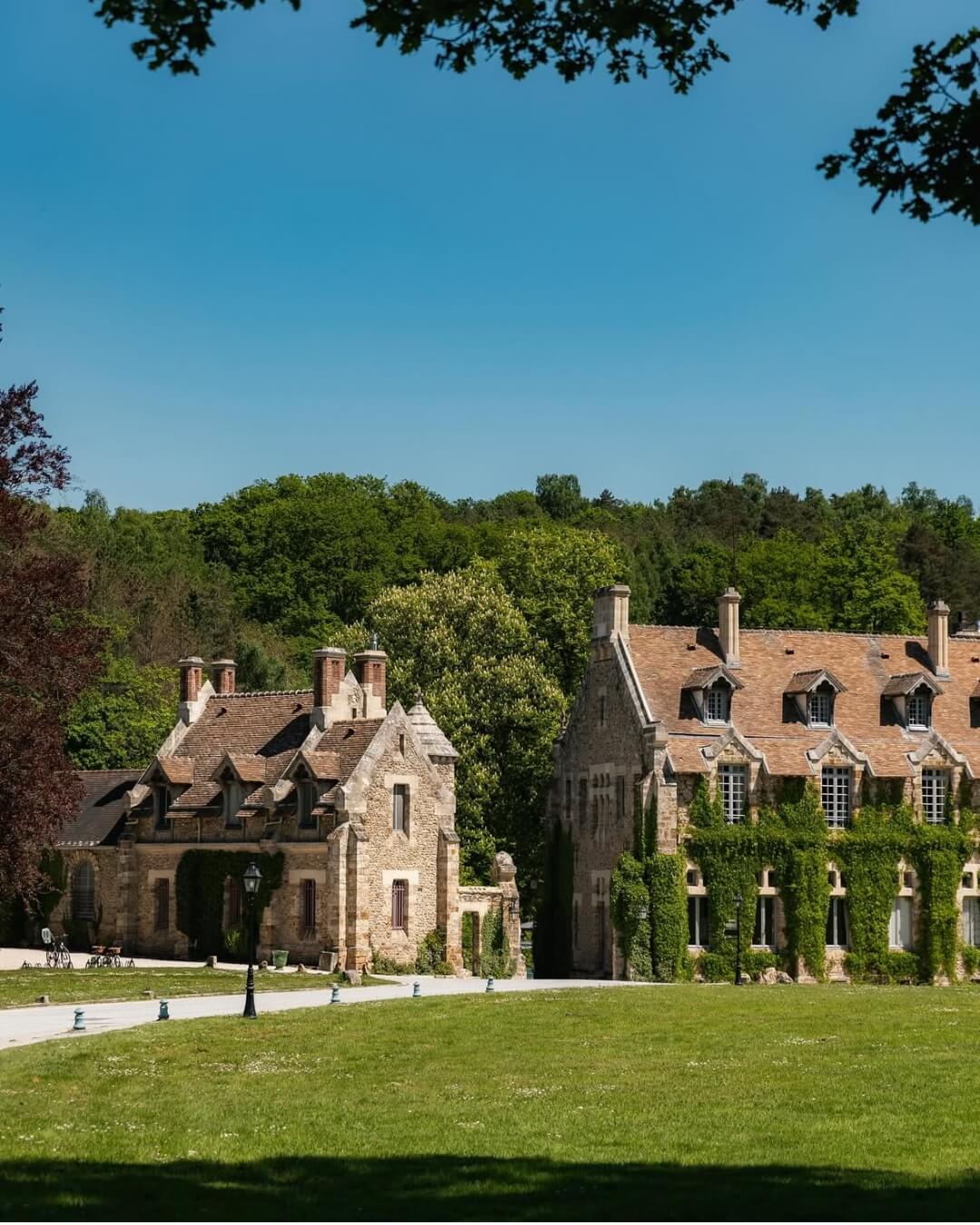 The ivy covered grounds of Abbaye des Vaux de Cernay are bordered by lush grass and framed by tall trees.