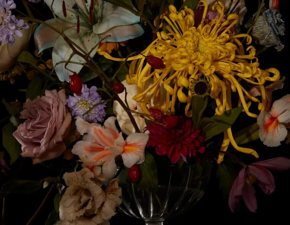 Colorful details of a floral bouquet by Debeaulieu in Paris, France.