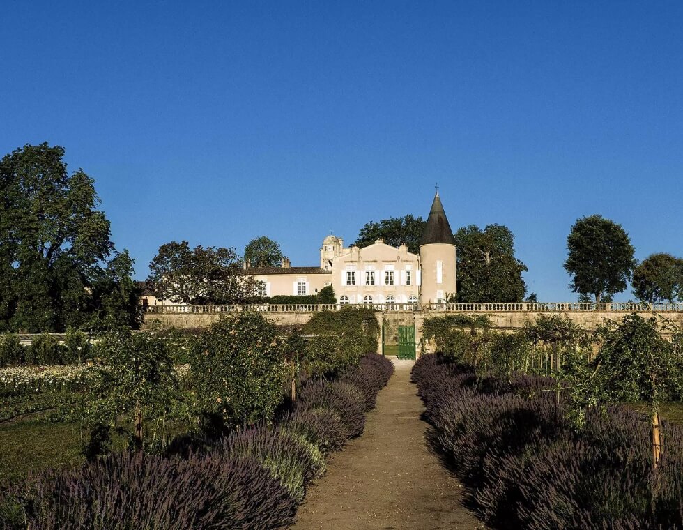 Château Lafite Rothschild and vineyard with elegant French gardens and walking paths.