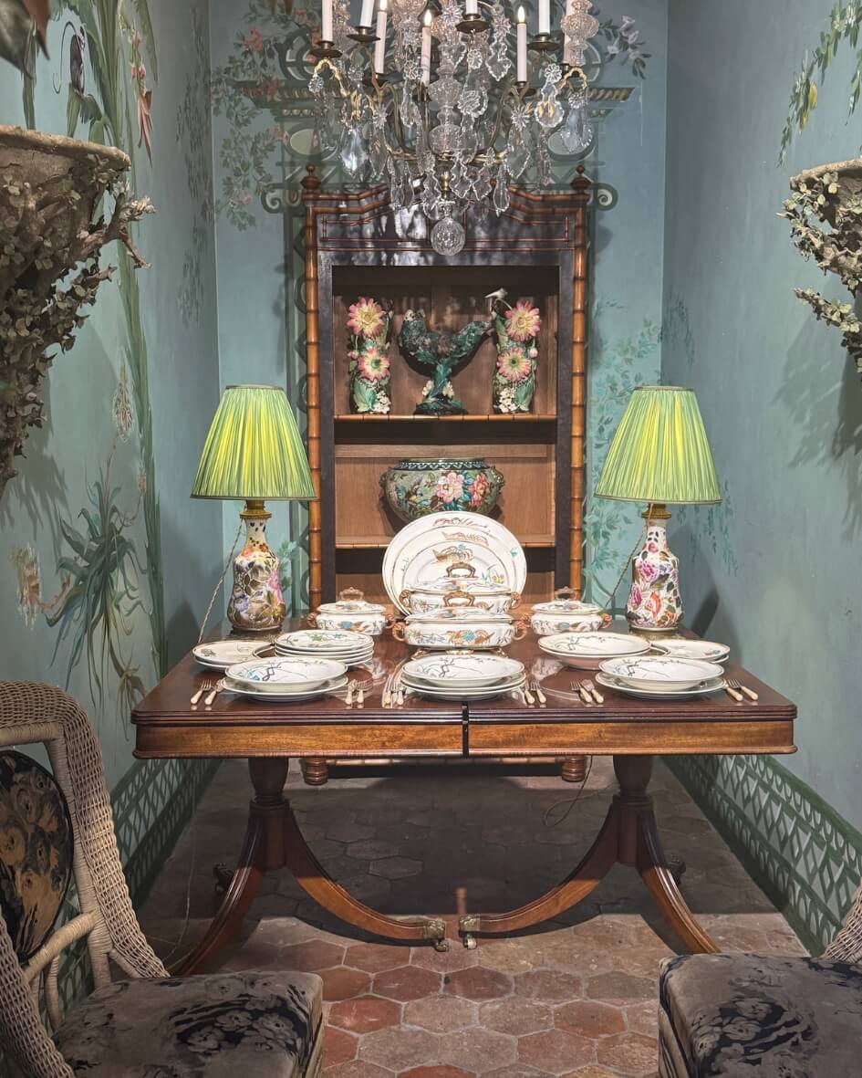 Elegant selection of French antique dishes and furniture in Normandy, France.