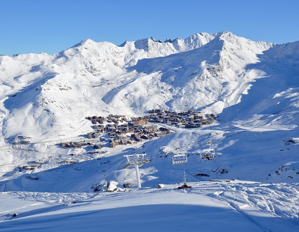 Winter landscape of Val Thorens ski resort with mountains in the French Alps.