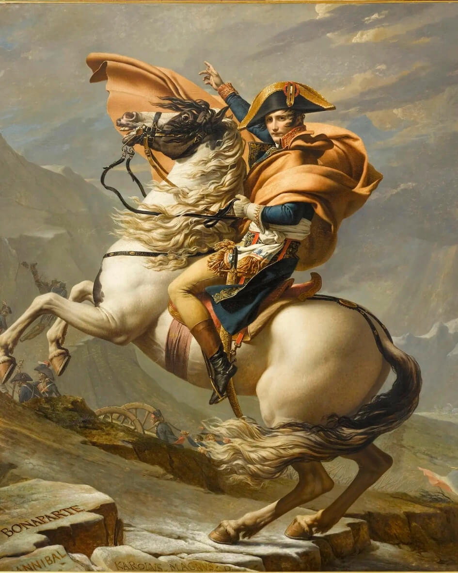 Historic "Napoleon Crossing the Alps" painting by Jean-Louis David at the Louvre museum in Paris, France.