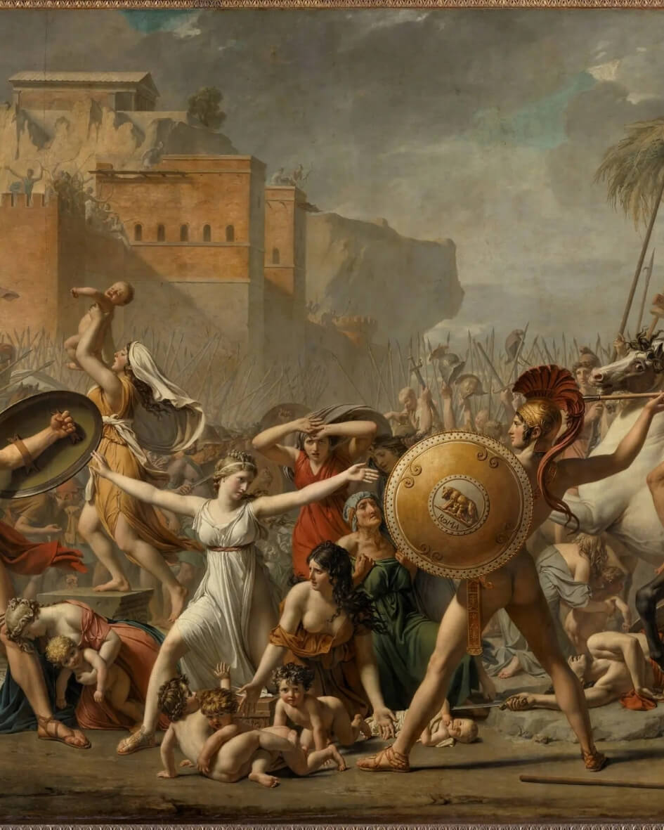 Historic painting, "The Intervention of the Sabine Women" by Jean-Louis David on display in Paris, France.