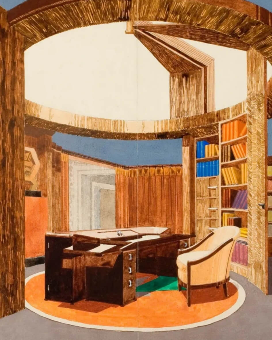 Colorful painting of an office on display at the Museum of Decorative Arts in Paris, France.