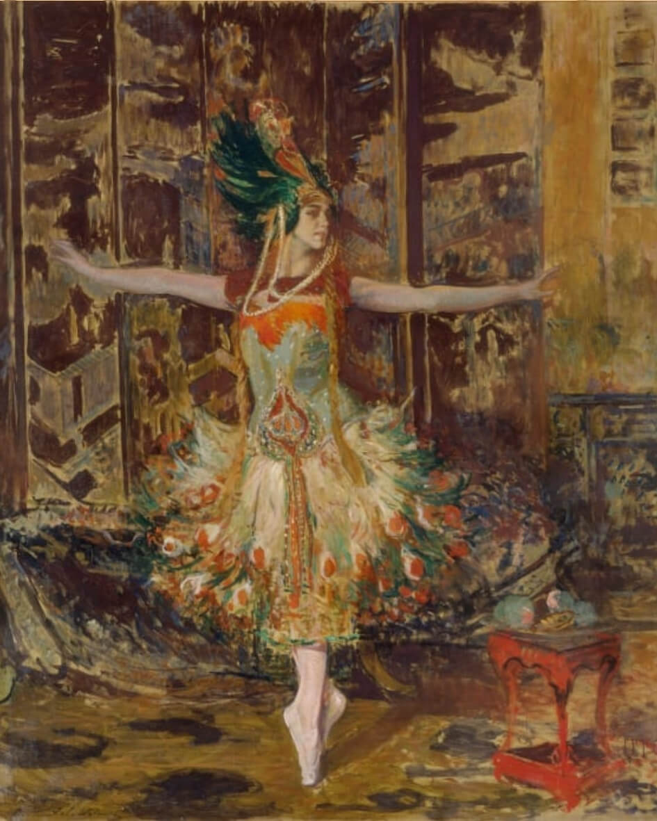 Painting of an Art Deco era ballerina on display at the Opera Garnier in Paris, France.