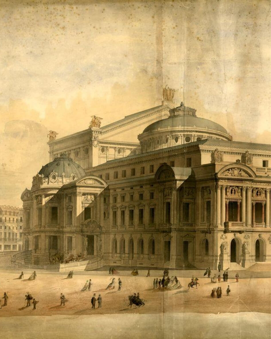 Antique painting of the Opera Garnier in Paris, France.