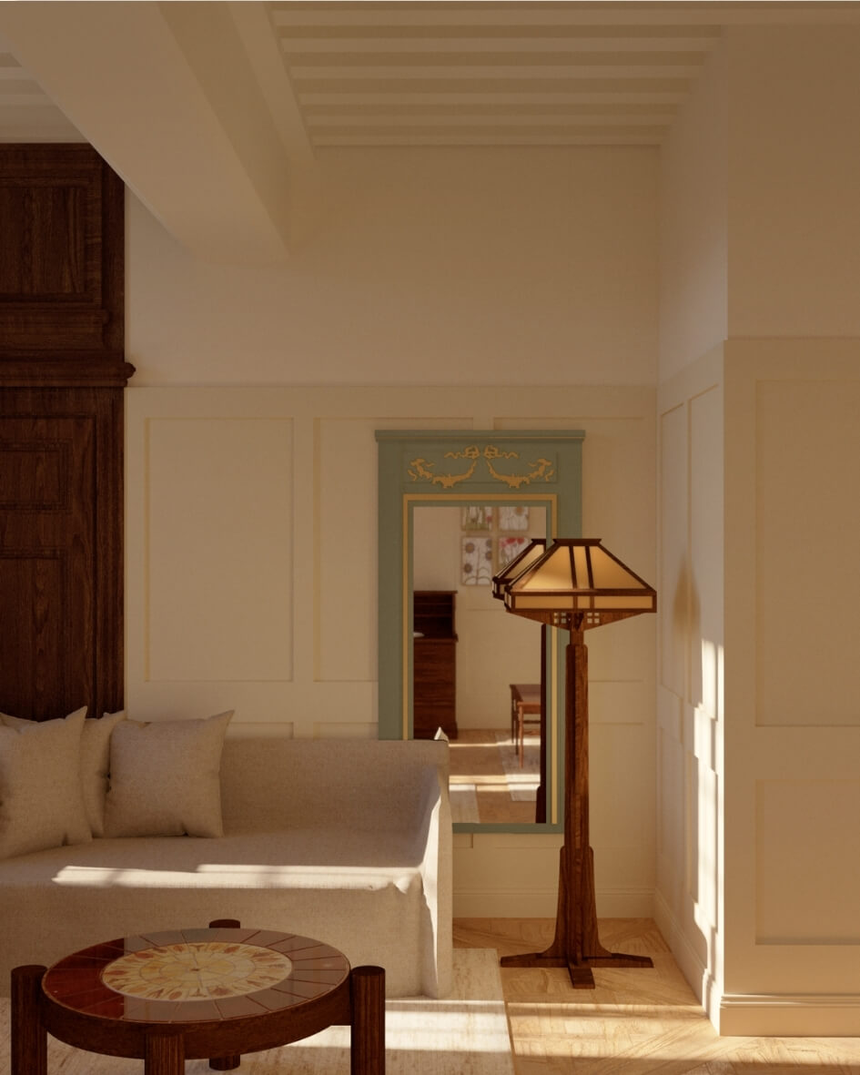 Interior of Les Sources de Vougeot hotel in Burgundy, France, featuring an antique mirror and an Art Deco standing lamp.