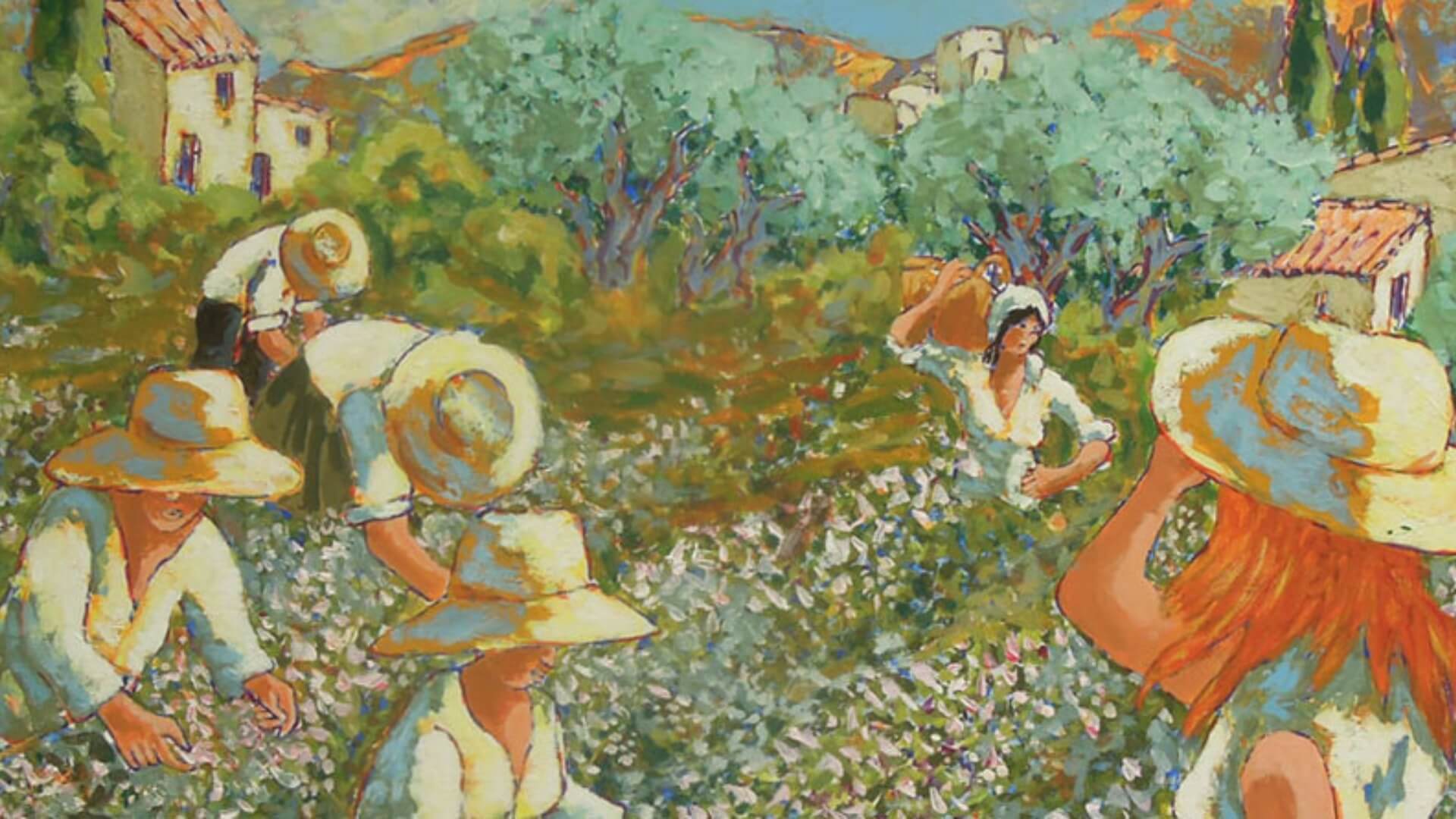 Painting of flower farmers harvesting in Grasse, France, with lush greenery and houses in the background.