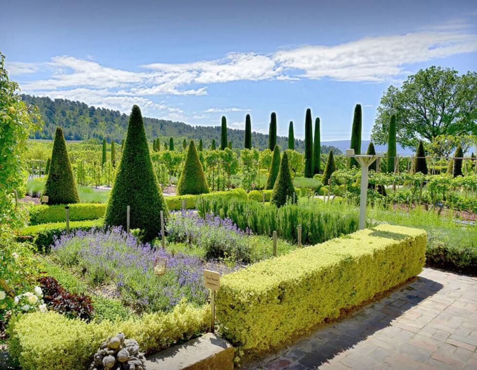 Large garden in Provence with manicured trees, hedges, and herb beds.