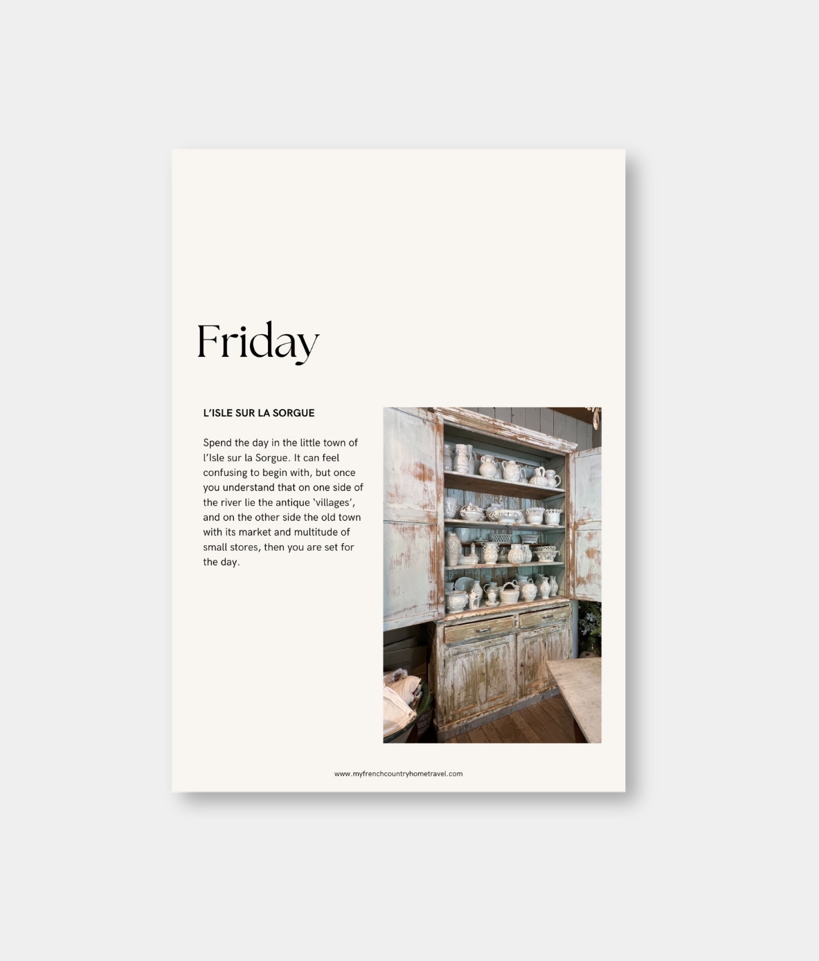 Opening page for Friday on the "Antiquing in Provence," travel itinerary by My French Country Home.