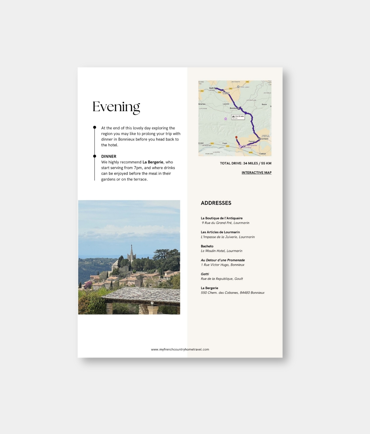 Evening travel itinerary page for "Antiquing in Provence" travel guide by My French Country Home.