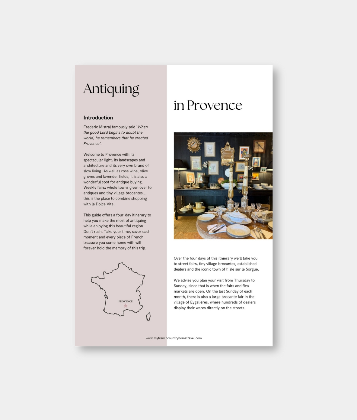 Opening page of “Antiquing in Provence," itinerary by MFCH featuring a map of France, and a photo of French antiques.