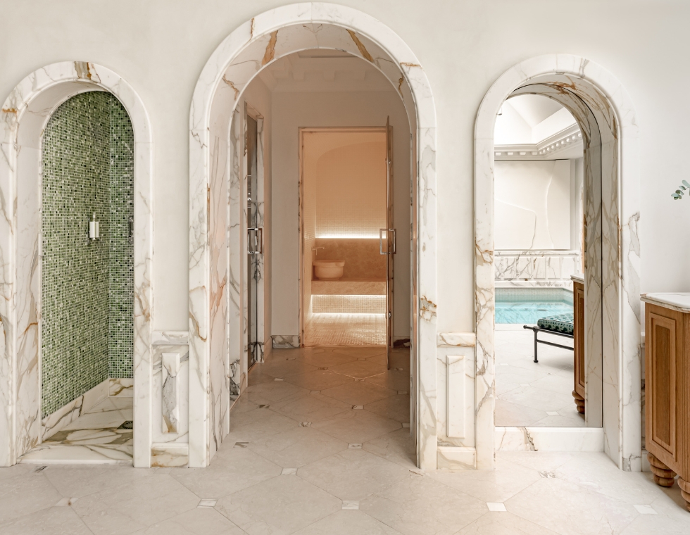 Saint James Spa in Paris with marble and tile accents throughout the sauna and pool rooms.