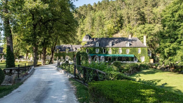 Manoir d’Hautegente in Dordogne, France with a lush green garden and climbing ivy along the building exterior.