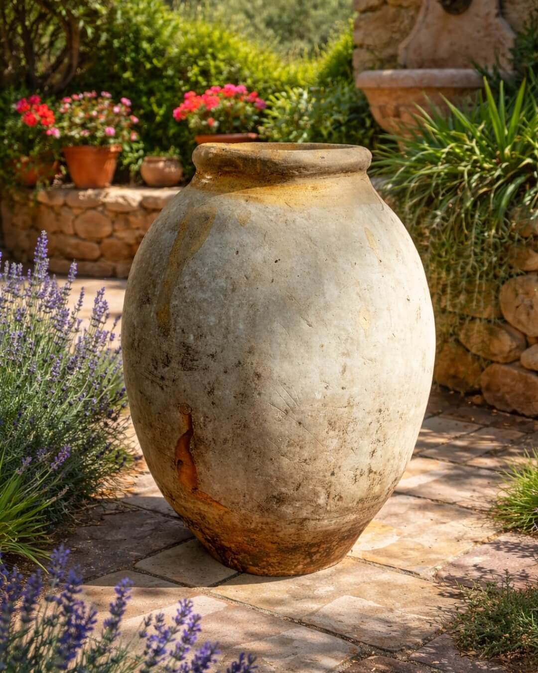 Rustic clay planter pot in a French Riviera garden beside planted flowers.