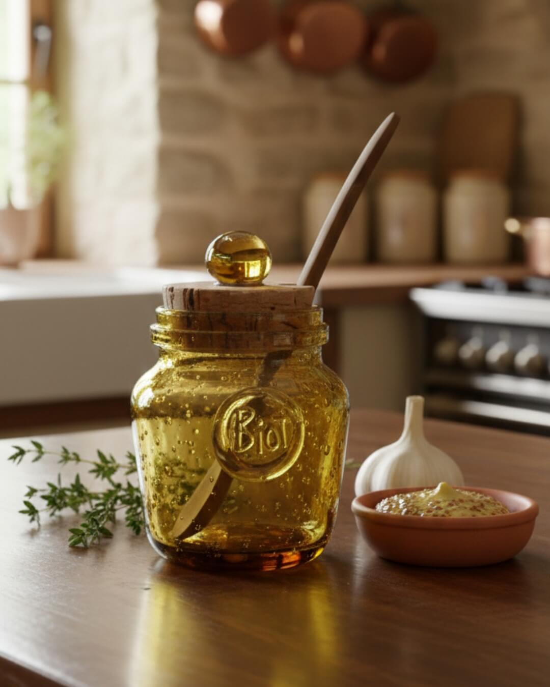 Glass French mustard jar styled beside garlic, mustard, and sprigs of fresh thyme.