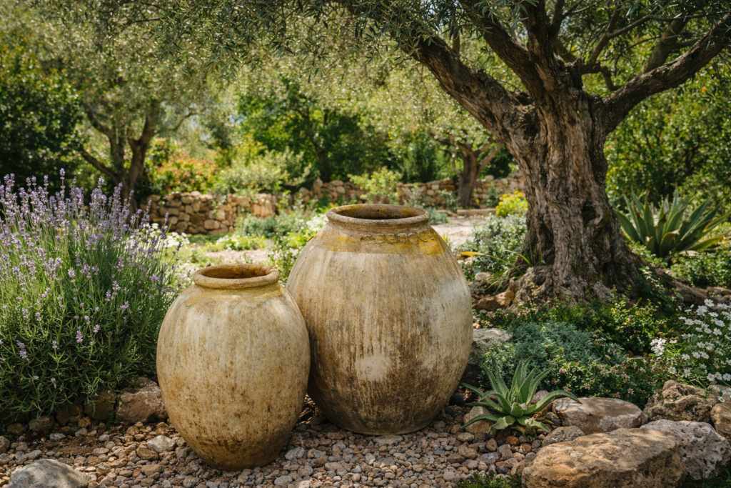 Rustic clay pots in a garden along the French Riviera, displayed beside lavender and an olive tree.