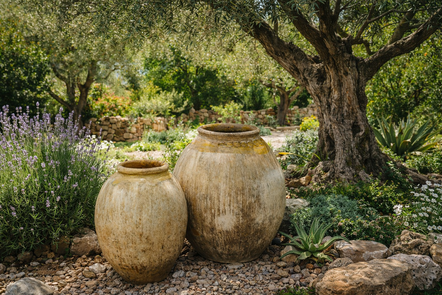 Rustic clay pots in a garden along the French Riviera, displayed beside lavender and an olive tree.