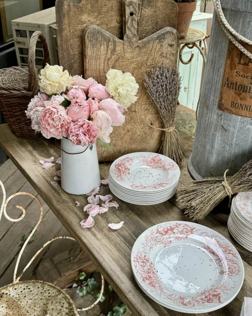 Antique china displayed beside rustic wood cutting boards and peonies on a wooden table in Provence.