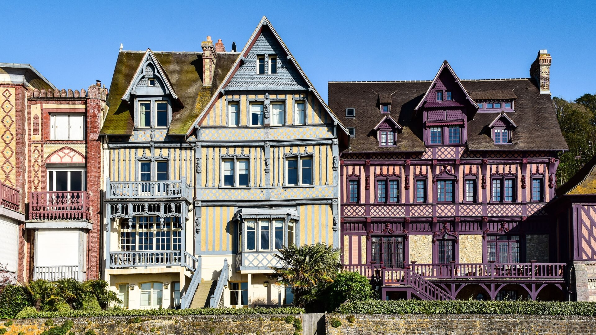 Traditional colorful Norman style buildings in Deauville, France.