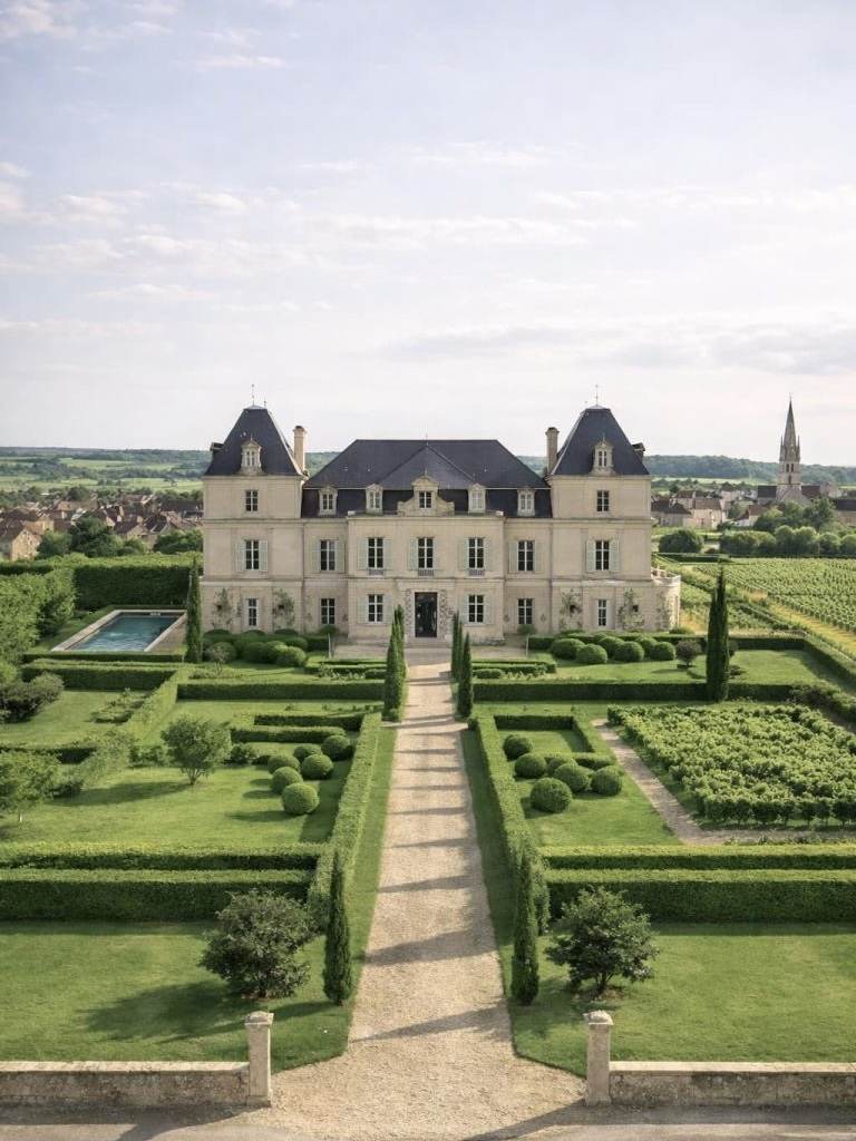 Chateau de Citeaux exterior with a manicured topiary garden in Meursault, France.