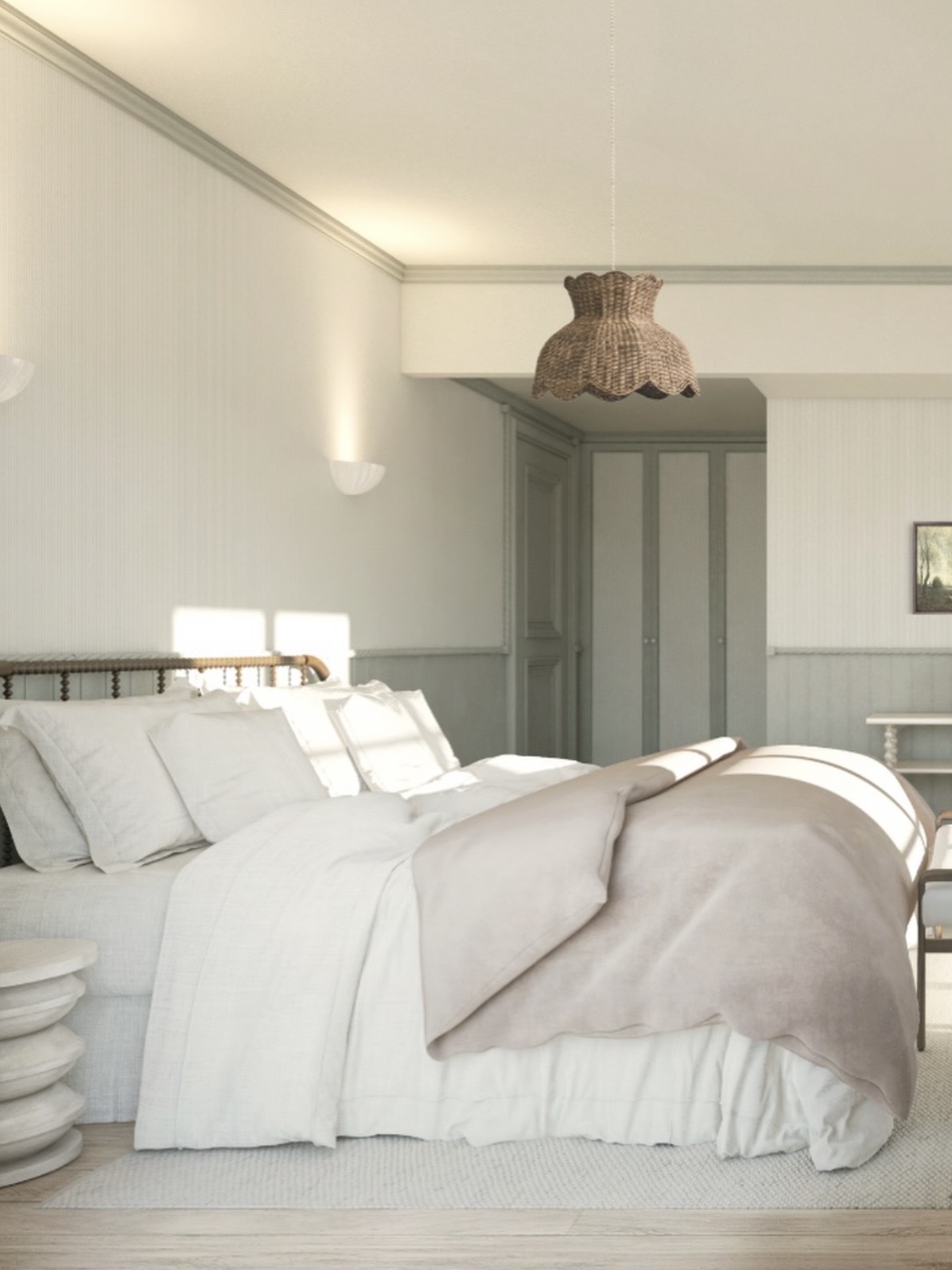 Plush made bed at Chateau de Citeaux in the east of France with flax linens and soft natural light.