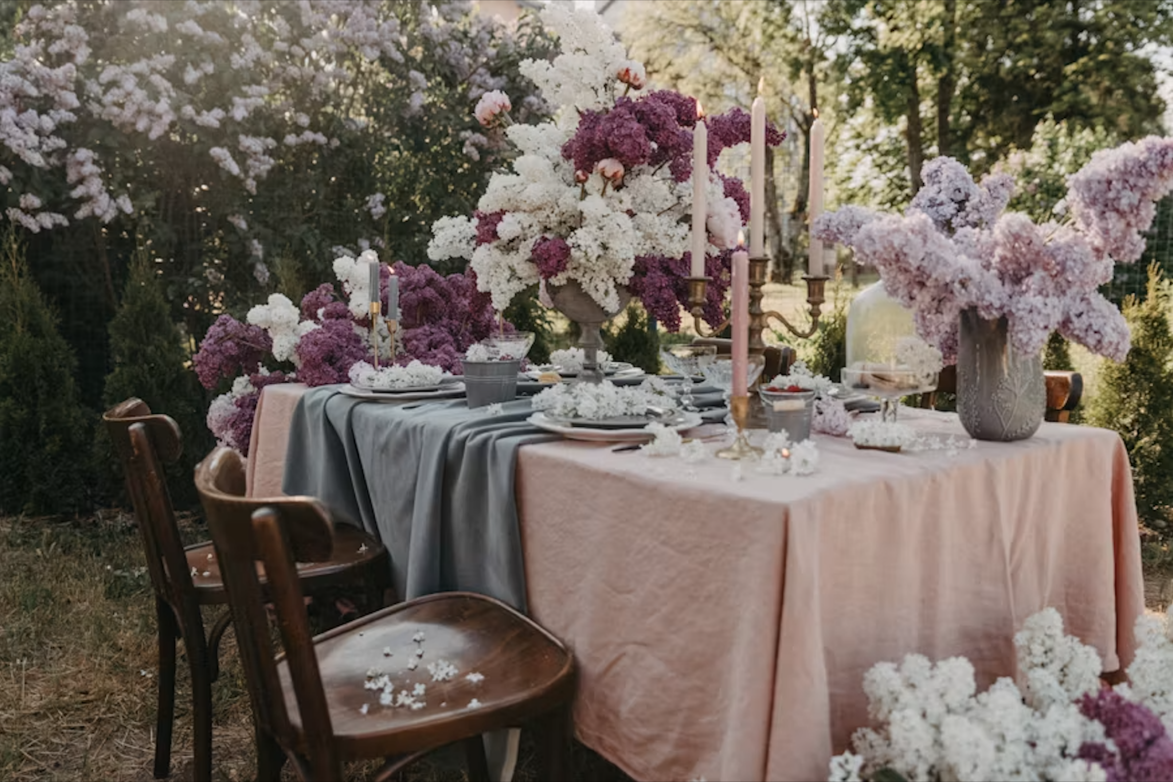 Garden dining table laid with pink and blue linens, purple and white lilac flowers, and candle sticks.