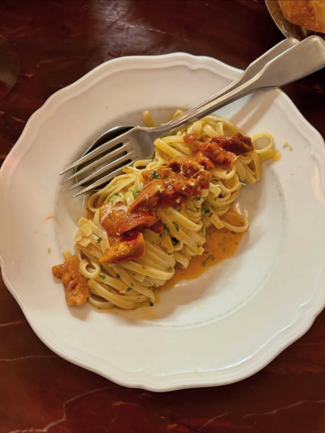 Plate of linguine pasta at Localino in Paris, France.